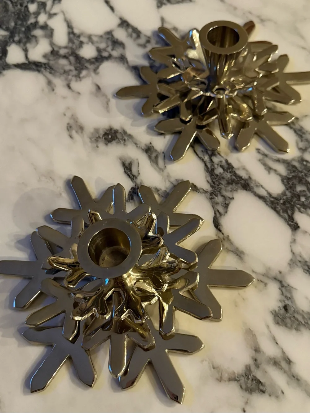 Crate & Barrel Silver Metal Snowflake Taper Candle Holders - Set of 2